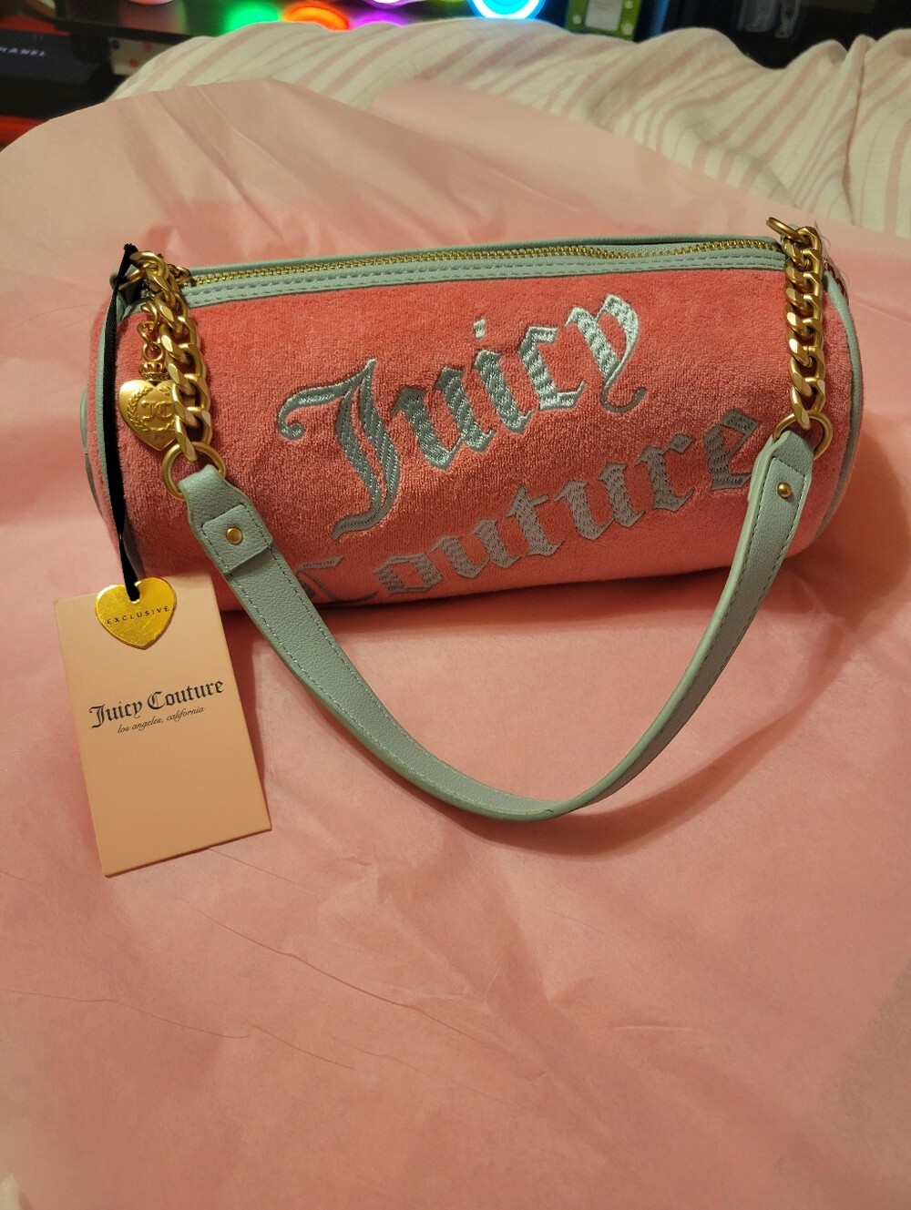 Juicy Couture Pink Velvet Mini Barrel Bag with Mint Trim & Gold Chain